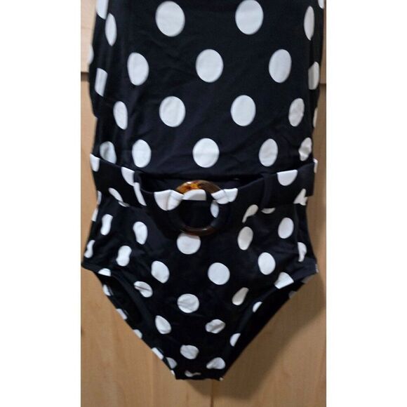 Polka Dot Black & White One-Piece Swimsuit With Belted Waist & Adjustable Straps - Picture 3 of 6